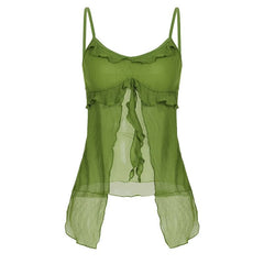 Ruffle u neck mesh textured green cami top