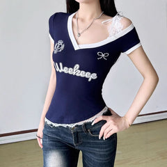 Lace hem v neck short sleeve irregular top