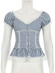 V neck lace hem plaid puff sleeve ruched top