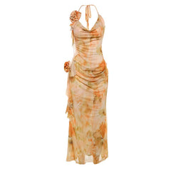Cowl neck flower applique print halter maxi dress