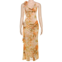 Cowl neck flower applique print halter maxi dress
