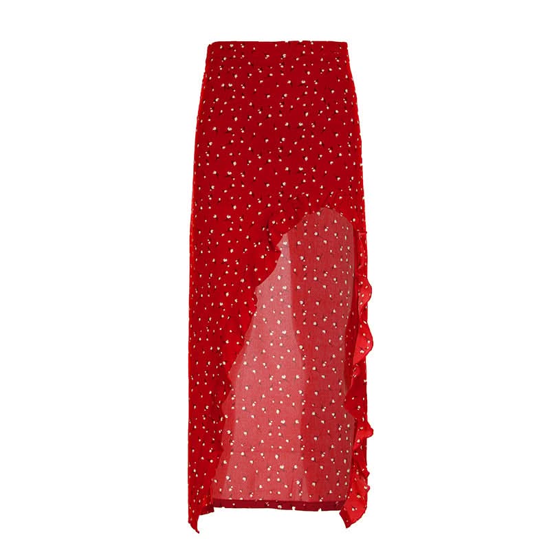 Ruffle slit irregular zip-up flower print midi skirt