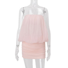 Ruched mesh backless solid tube mini dress