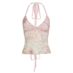 Halter self tie glitter v neck backless top