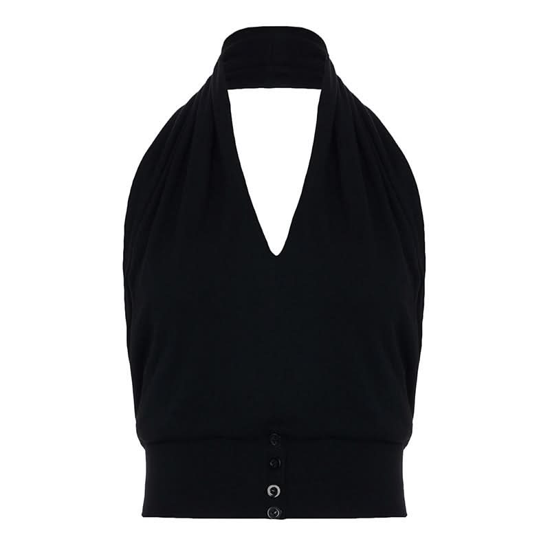 V neck halter button backless solid top