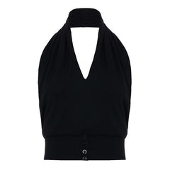 V neck halter button backless solid top