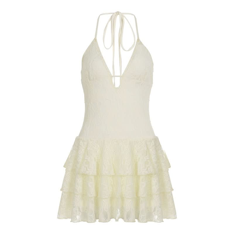 Hollow out v neck lace self tie halter cut out mini dress