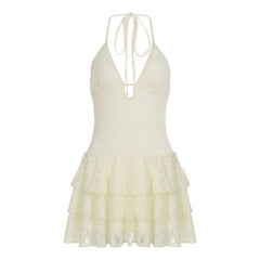 Hollow out v neck lace self tie halter cut out mini dress