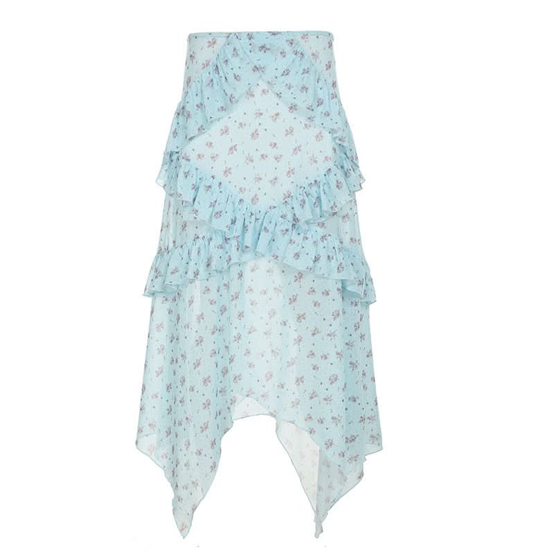 Ruffle mesh flower print ruched maxi skirt
