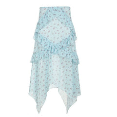 Ruffle mesh flower print ruched maxi skirt