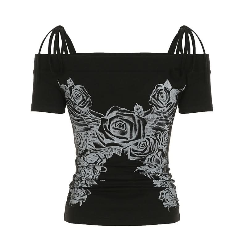 Off shoulder short sleeve ruched print self tie top