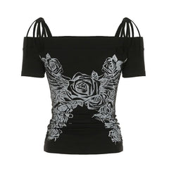 Off shoulder short sleeve ruched print self tie top