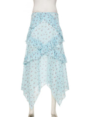 Ruffle mesh flower print ruched maxi skirt