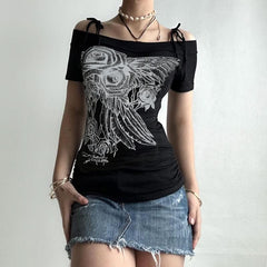 Off shoulder short sleeve ruched print self tie top