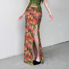 Slit irregular mesh flower print maxi skirt