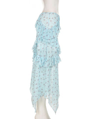 Ruffle mesh flower print ruched maxi skirt