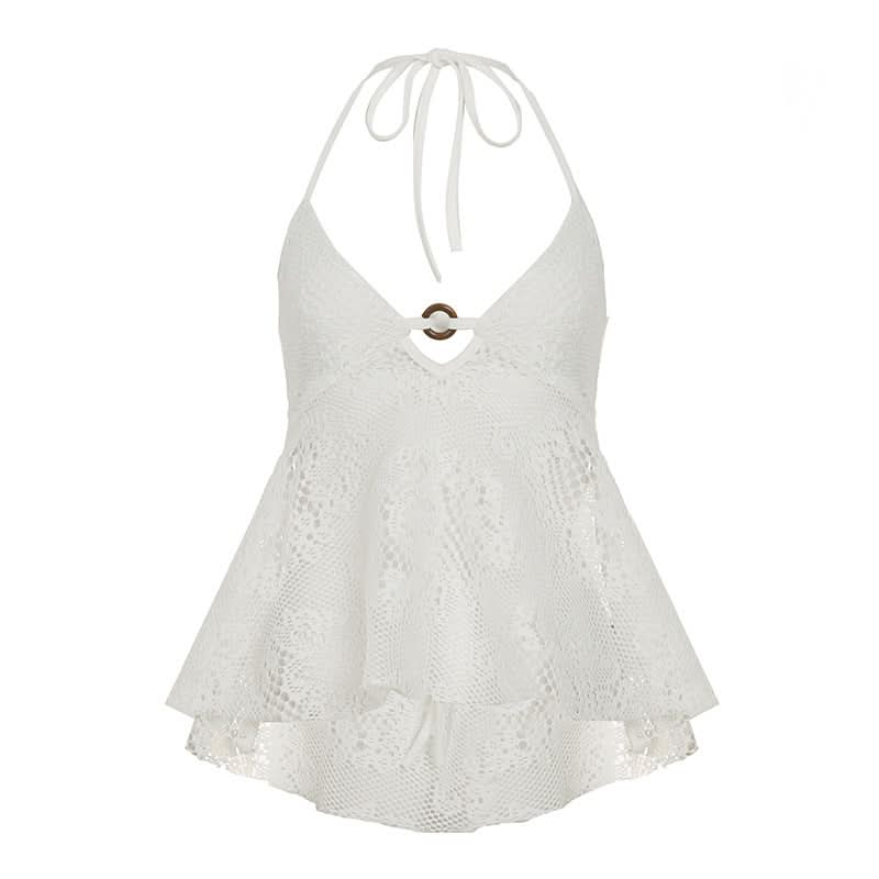 Halter self tie v neck o ring lace hollow out cut out top