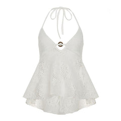 Halter self tie v neck o ring lace hollow out cut out top
