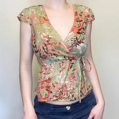 Ruched v neck self tie cap sleeve print top