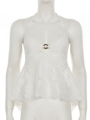 Halter self tie v neck o ring lace hollow out cut out top