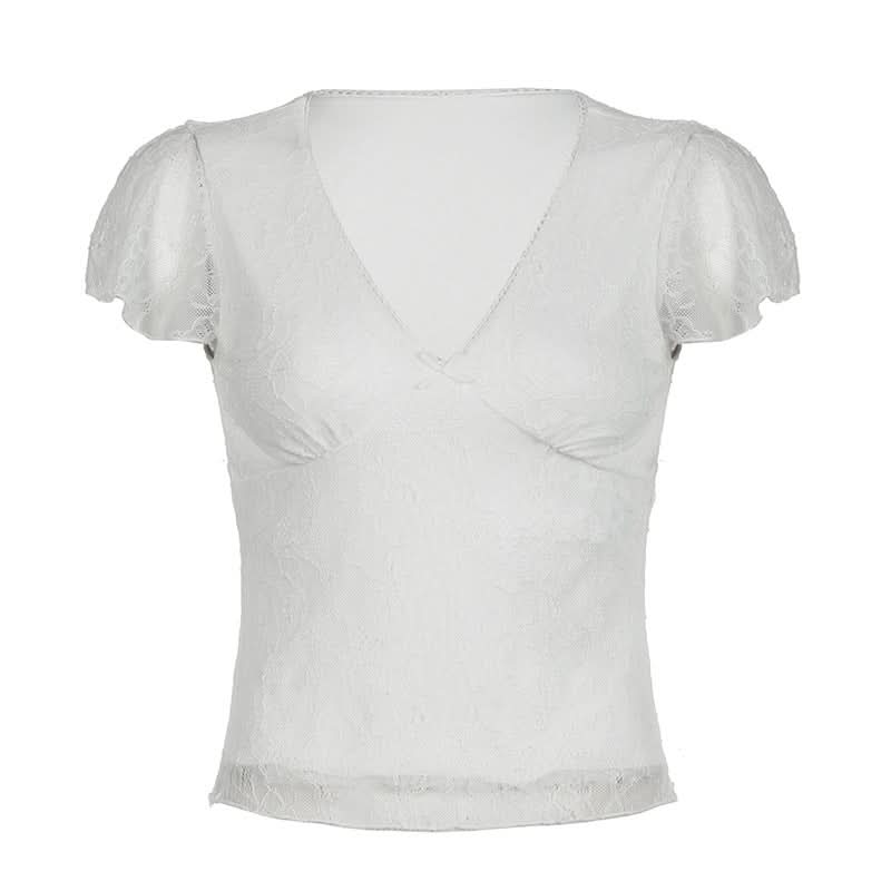 Lace cap sleeve v neck flower print top