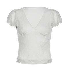 Lace cap sleeve v neck flower print top