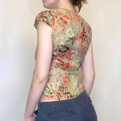 Ruched v neck self tie cap sleeve print top
