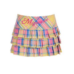 Pleated plaid zip-up letter pattern A line mini skirt