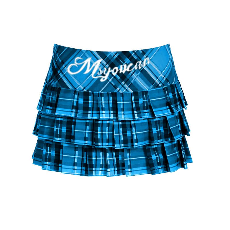 Pleated plaid zip-up letter pattern A line mini skirt