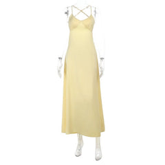 Cross back v neck satin ruched cami maxi dress
