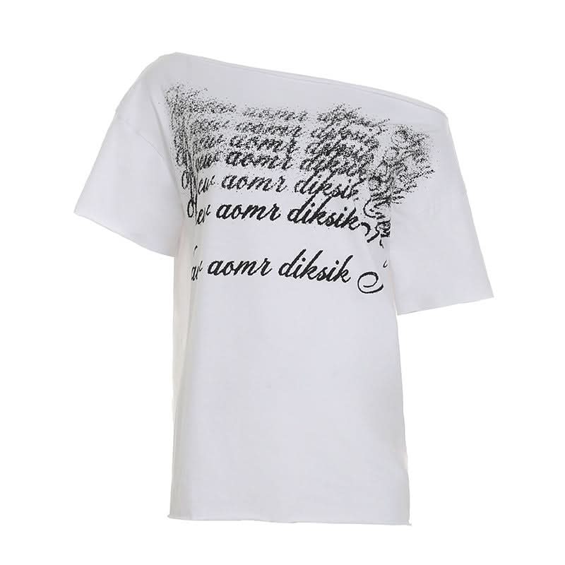 Irregular letter print short sleeve one shoulder top