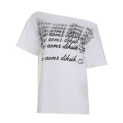 Irregular letter print short sleeve one shoulder top
