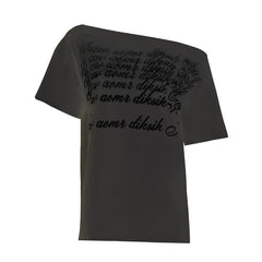 Irregular letter print short sleeve one shoulder top