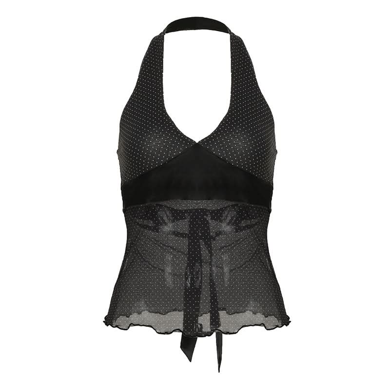 Halter polka dot v neck self tie ruffle mesh top