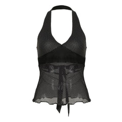 Halter polka dot v neck self tie ruffle mesh top