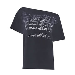 Irregular letter print short sleeve one shoulder top