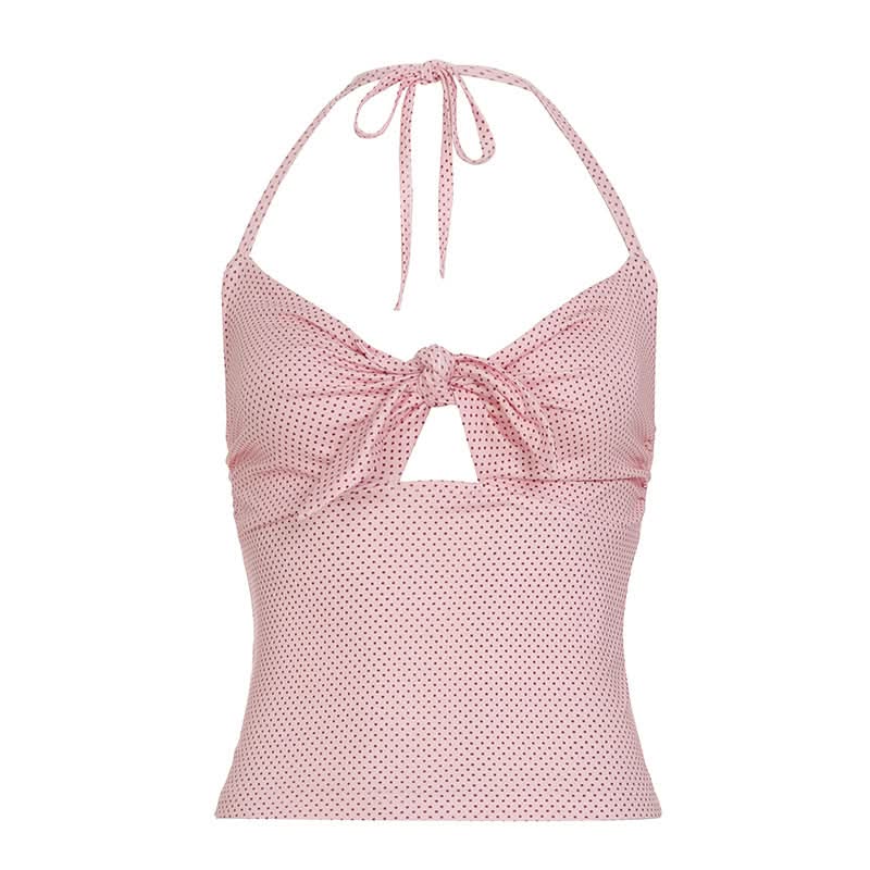 Polka dot knotted hollow out halter self tie cut out top