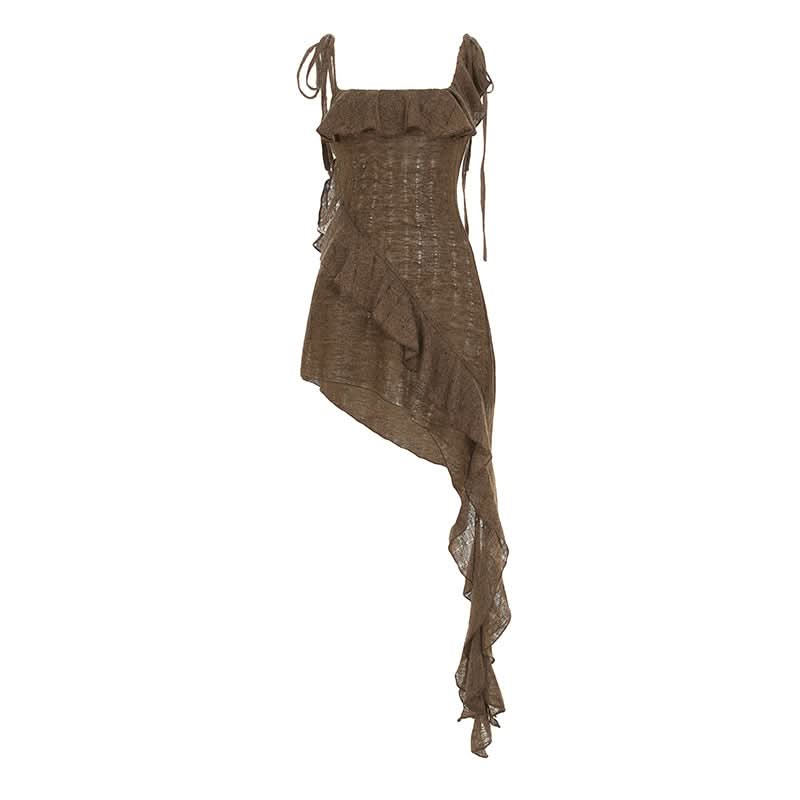 Irregular ruffle self tie square neck mini dress