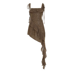 Irregular ruffle self tie square neck mini dress
