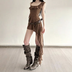Irregular ruffle self tie square neck mini dress