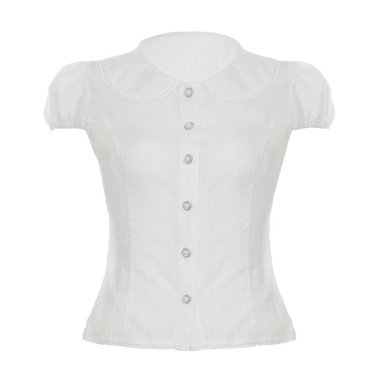 Puff sleeve striped button turnover collar top