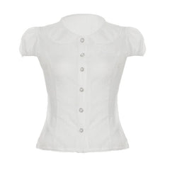 Puff sleeve striped button turnover collar top