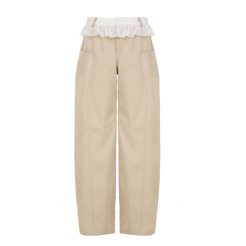 Zip-up button ruched lace straight leg pant