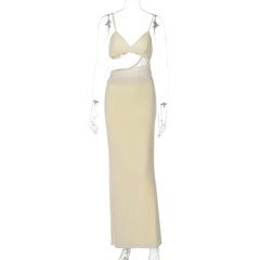 V neck solid hollow out mesh cami cut out maxi dress