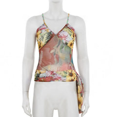 V neck flower print mesh cami top