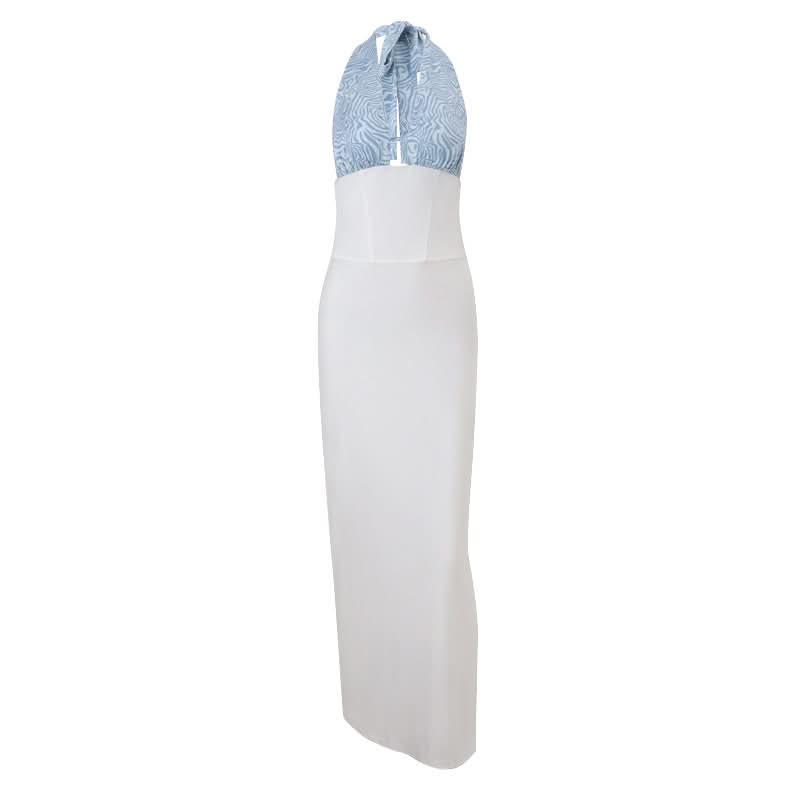 Halter backless contrast maxi dress