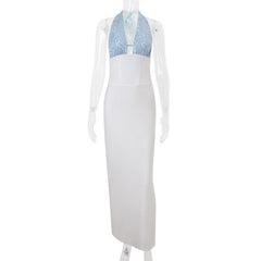 Halter backless contrast maxi dress