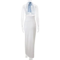 Halter backless contrast maxi dress