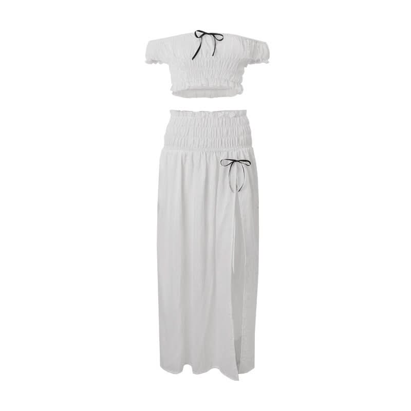 Smocked bowknot ruffle maxi skirt set