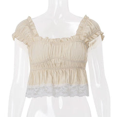 Cap sleeve smocked lace hem ruffle top